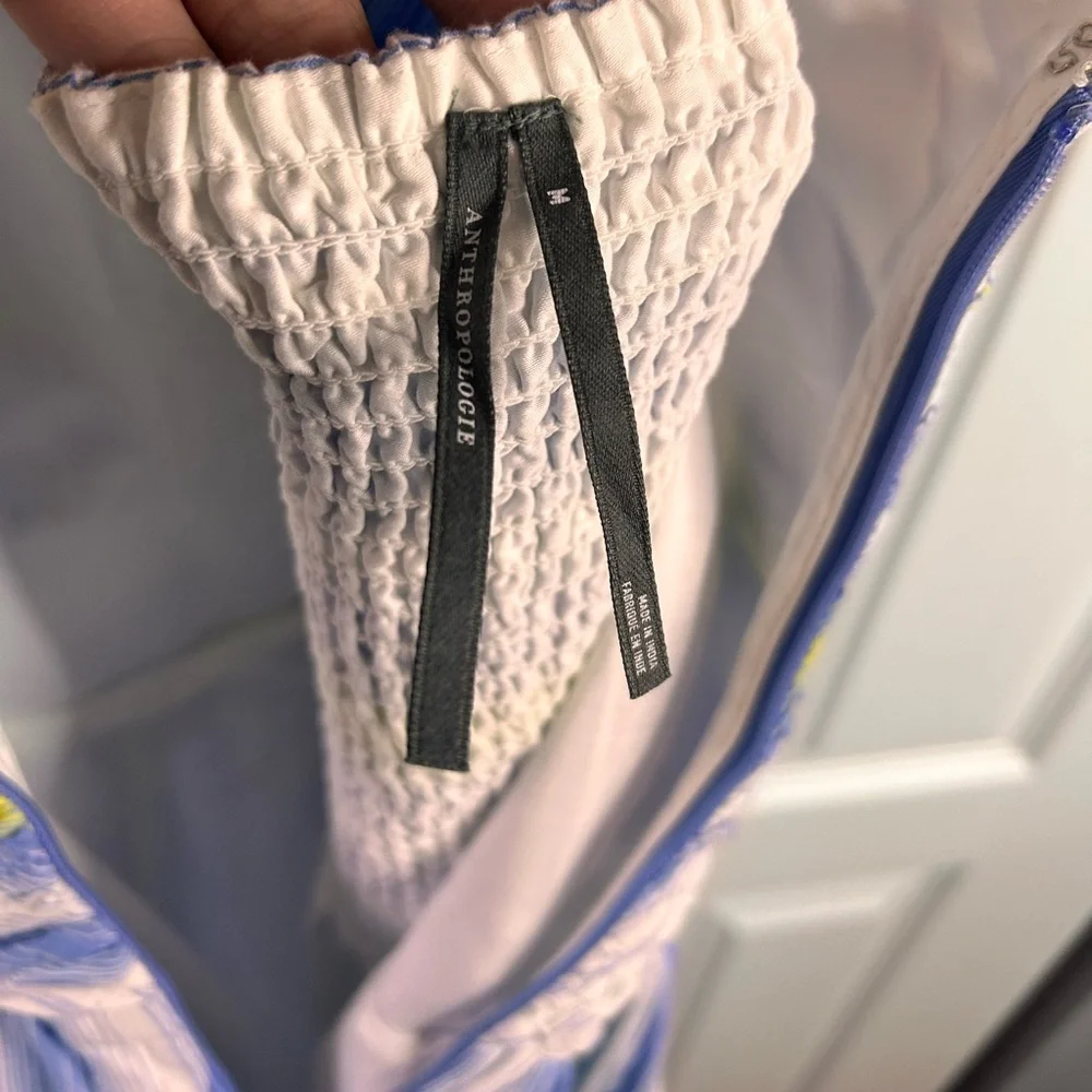 Anthropologie Square-Neck Drop-Waist Smocked Maxi Dress‎ Size Medium Blue Yellow - Picture 5 of 10